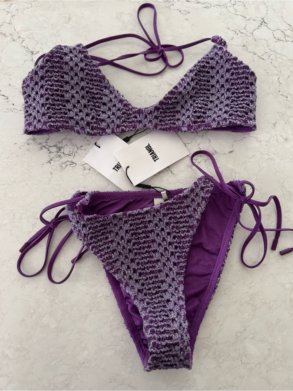 NWT Triangl Cora Monty Crochet Tie-Side Bikini Set in Purple